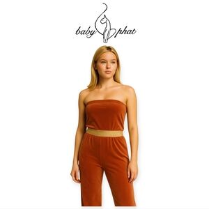 Baby Phat Vintage Y2K Rust Velour Strapless Jumpsuit Pantsuit Medium Clubwear